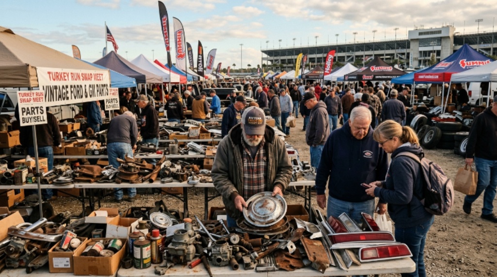 Visitors browsing vintage car parts at the Daytona Turkey Run swap meet on Thanksgiving weekend