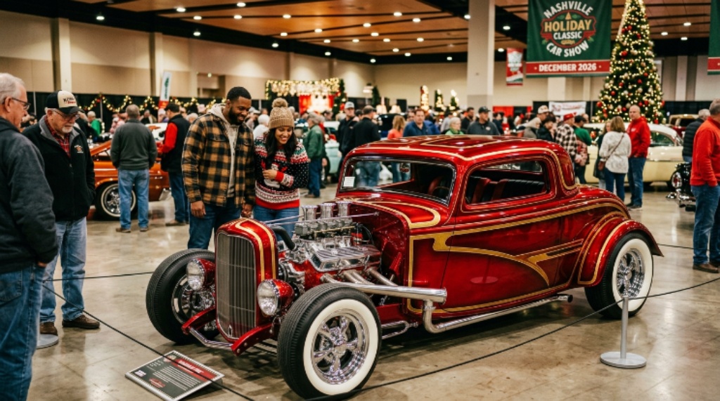 A trophy presentation ceremony on the show floor at the Holiday Classic Car Show Nashville 2026, with car owners and judges gathered around an award-winning vintage vehicle