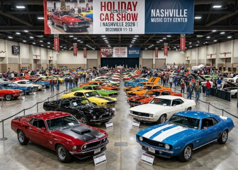 Rows of gleaming classic American muscle cars including Mustangs and Camaros on display inside an indoor exhibition hall at the Holiday Classic Car Show Nashville 2026 in December