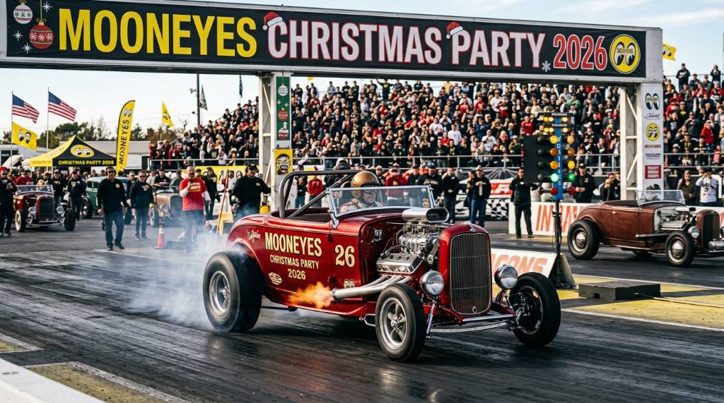 Custom hot rod on the drag strip at the MOONEYES Christmas Party 2026 event