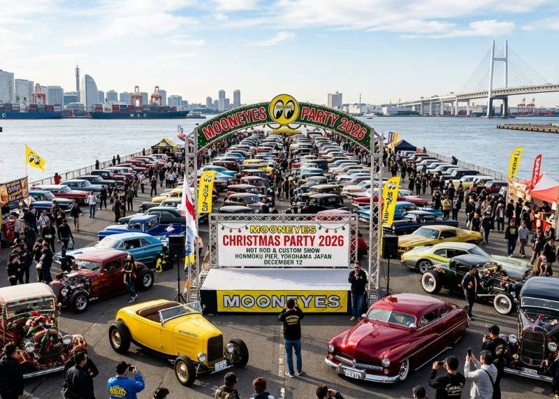 MOONEYES Christmas Party 2026 car show at Honmoku Pier in Yokohama Japan on December 12
