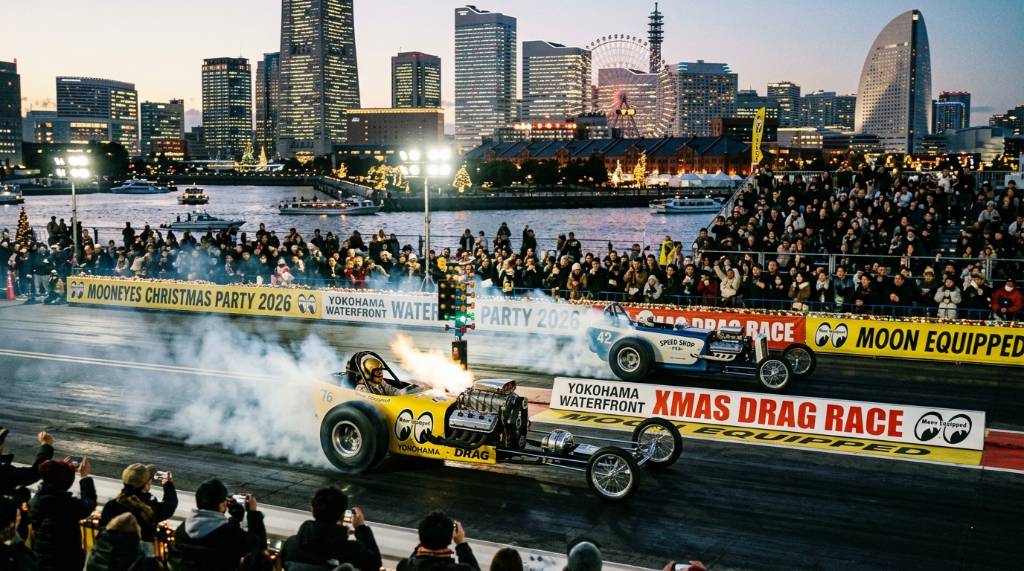 Vintage dragster racing at MOONEYES Christmas Party 2026 Yokohama waterfront