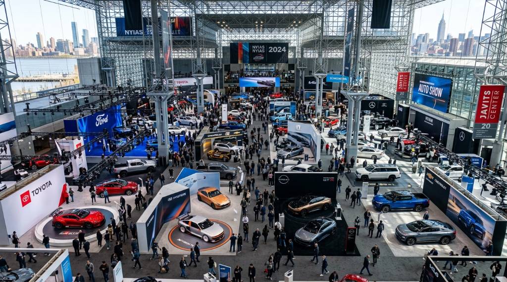 Aerial view of the New York International Auto Show floor featuring dozens of automaker displays and concept vehicles