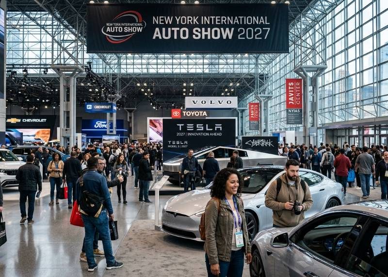 Visitors exploring new car exhibits at the New York International Auto Show 2027 inside the Jacob K. Javits Convention Center