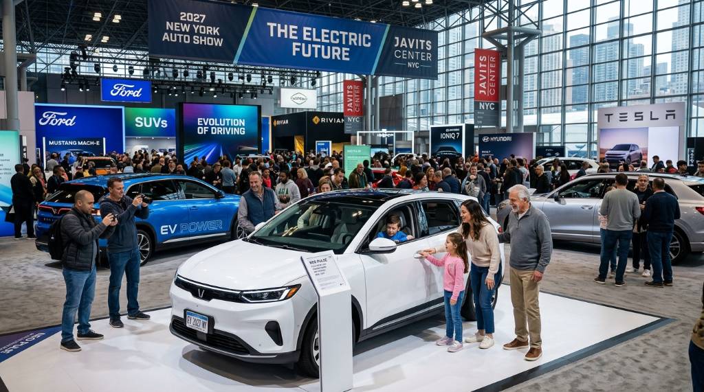 Families and car enthusiasts viewing the latest electric vehicles and SUVs on display at the 2027 New York Auto Show
