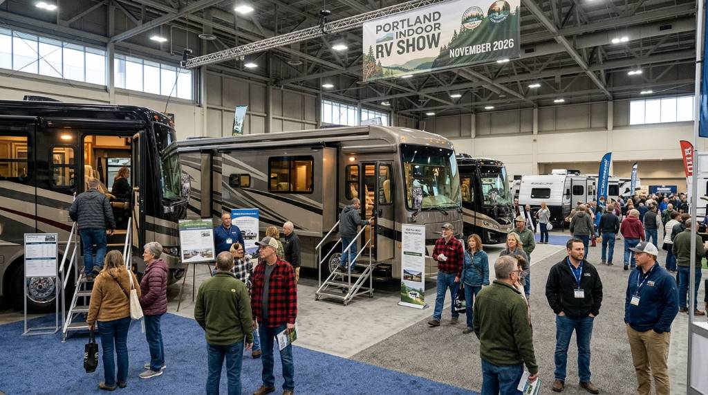 Visitors exploring Class A motorhomes at an indoor RV expo in Portland, Oregon in November 2026