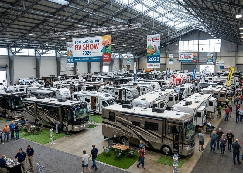 Rows of motorhomes and travel trailers on display at the Portland Metro RV Show 2026 inside the Portland Exposition Center