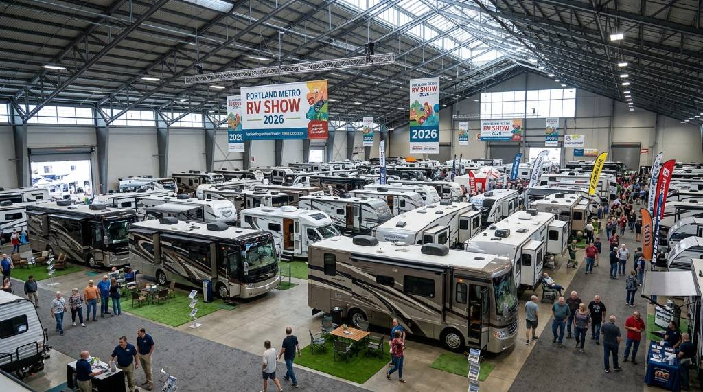 Rows of motorhomes and travel trailers on display at the Portland Metro RV Show 2026 inside the Portland Exposition Center