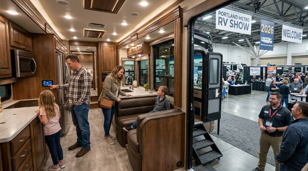 Family walking through a luxury RV at the 2026 Portland Metro RV Show with exhibitor booths in the background