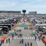 Rows of travel trailers and motorhomes displayed at the Southwest RV Supershow 2026 at Texas Motor Speedway in Fort Worth, Texas
