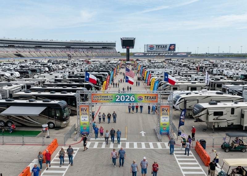 Rows of travel trailers and motorhomes displayed at the Southwest RV Supershow 2026 at Texas Motor Speedway in Fort Worth, Texas