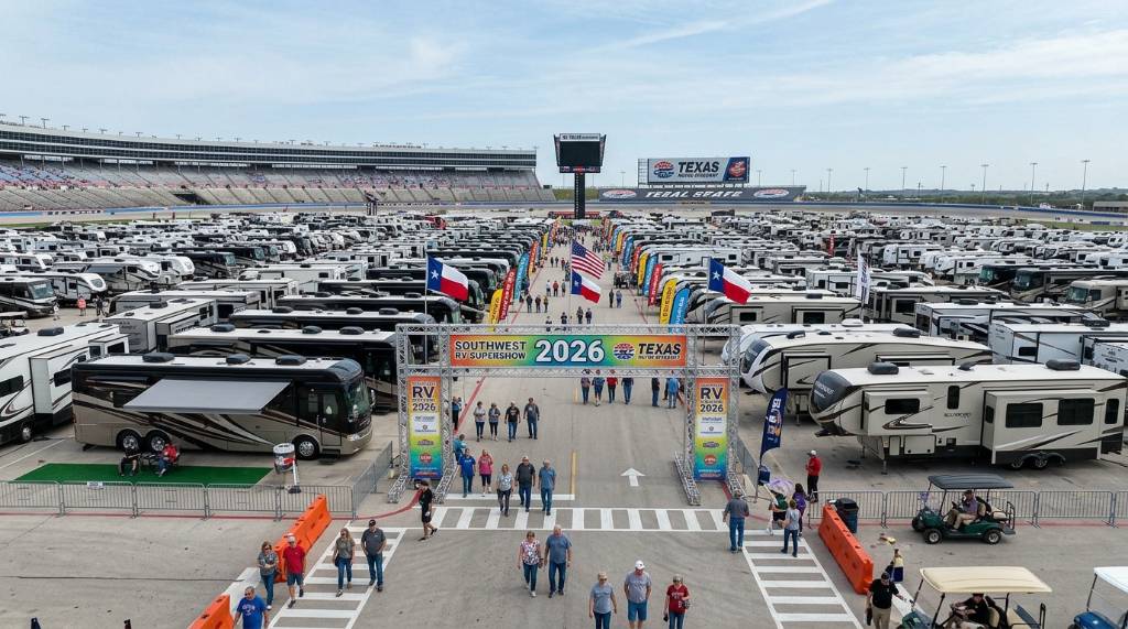 Rows of travel trailers and motorhomes displayed at the Southwest RV Supershow 2026 at Texas Motor Speedway in Fort Worth, Texas