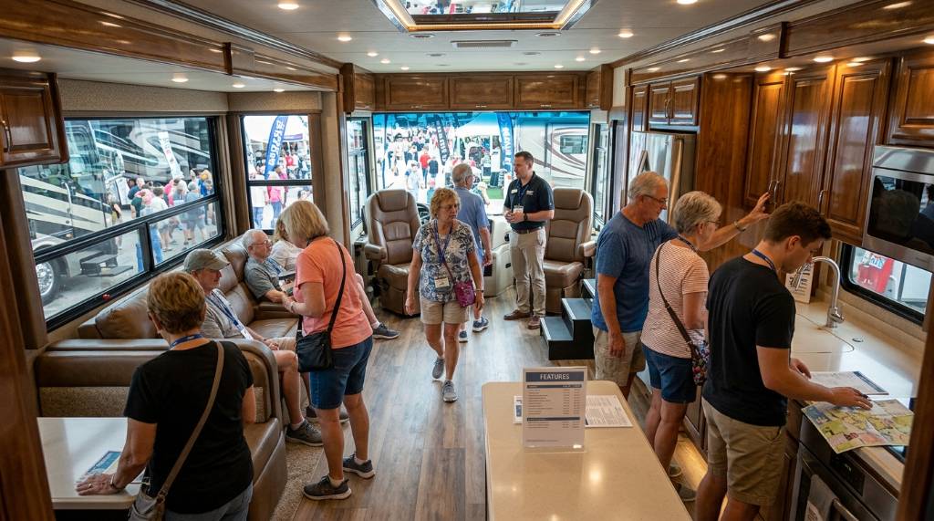 Visitors walking through the interior of a luxury Class A motorhome at the Tampa Bay RV Show