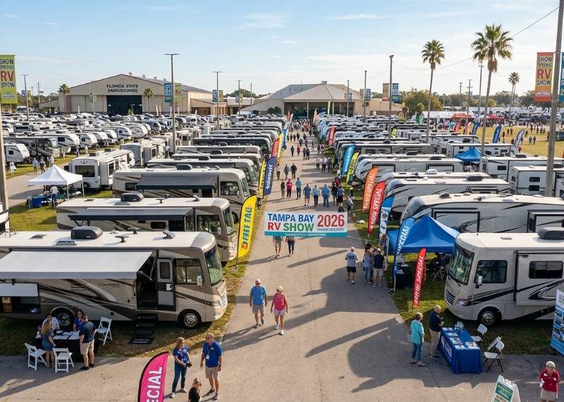 Rows of motorhomes and travel trailers on display at the Tampa Bay RV Show 2026 at Florida State Fairgrounds