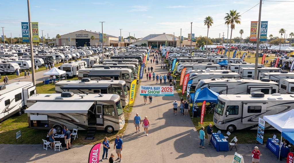 Rows of motorhomes and travel trailers on display at the Tampa Bay RV Show 2026 at Florida State Fairgrounds