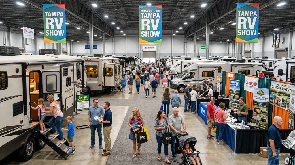 Families exploring RV exhibits and vendor booths at an indoor RV show in Tampa, Florida